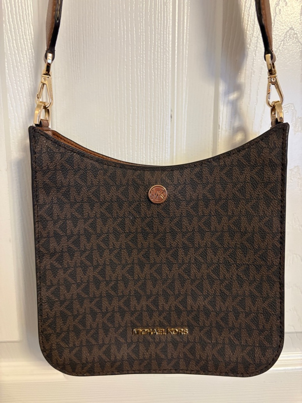 Michael Kors Dark Brown Monogram Shoulder Bag with Gold Hardware